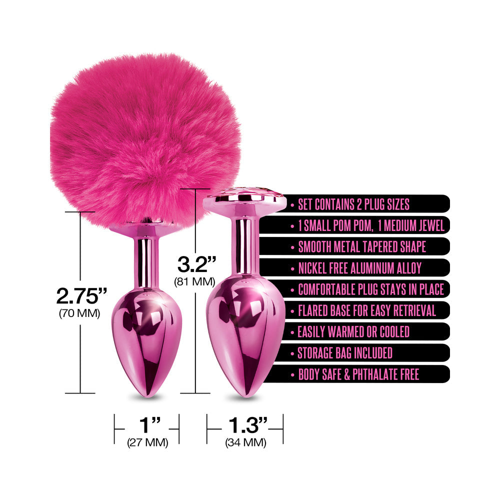 NIXIE Metal Butt Plug Set Pom Pom and Jewel-Inlaid Metallic Pink - Fantasies Boutique