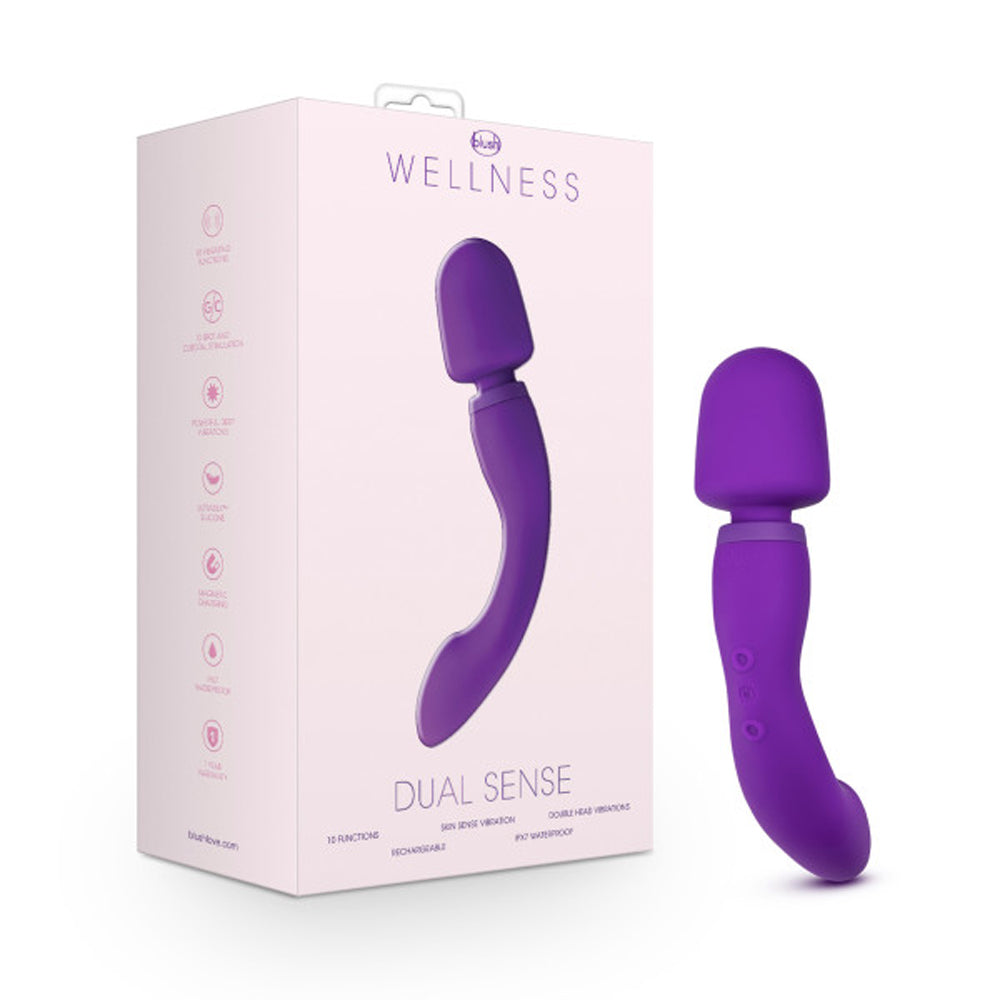 Wellness Dual Sense Rechargeable Silicone Dual Ended G-Spot & Wand Vibrator Purple - Fantasies Boutique