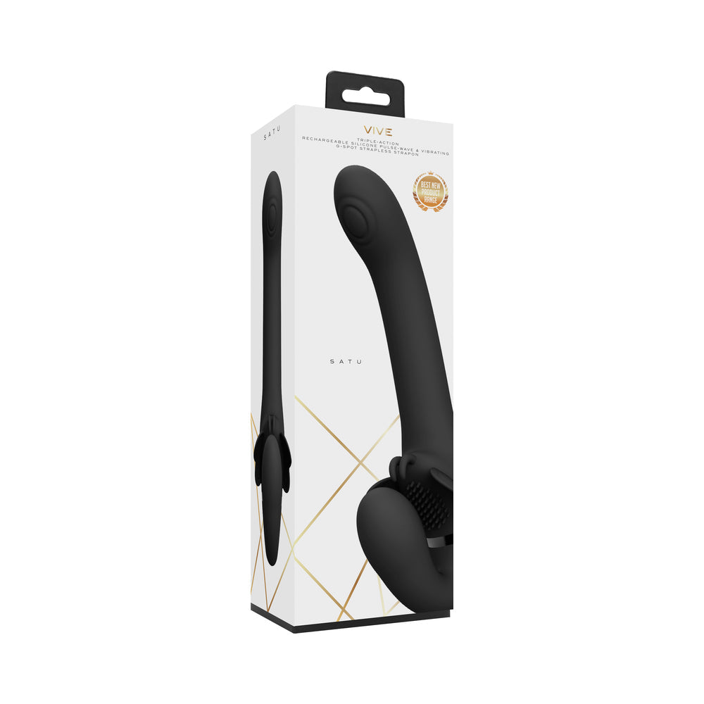 VIVE SATU Rechargeable Triple Motor Pulse-Wave Vibrating Silicone Strapless Strap-On Black - Fantasies Boutique