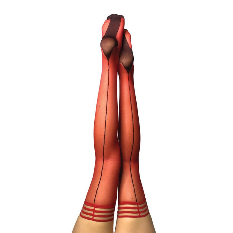 Kixies Monica Sheer Red Cuban Heel Thigh-High with Black Back Seam Size B - Fantasies Boutique