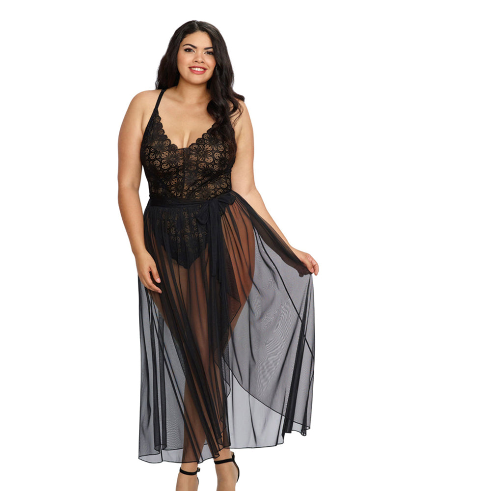 Dreamgirl Teddy & Sheer Mesh Maxi Skirt With G-String Black Queen 2X Hanging - Fantasies Boutique