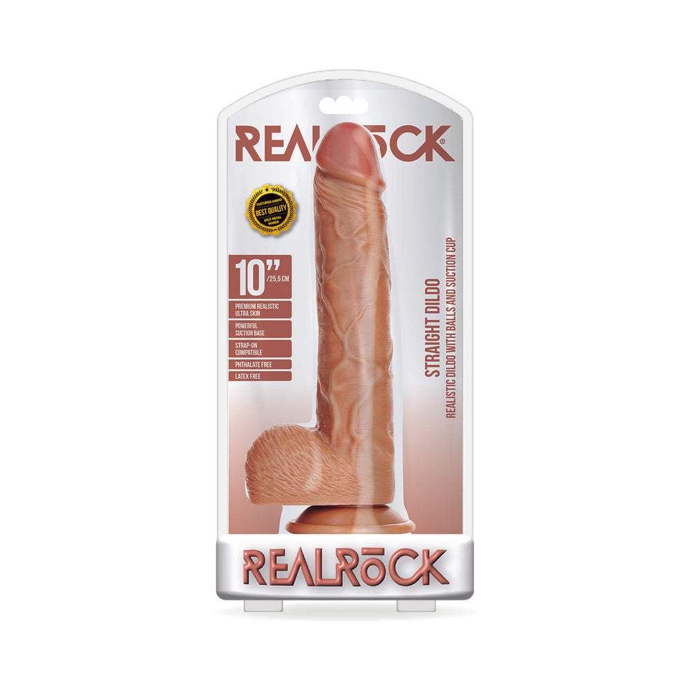 RealRock Realistic 10 in. Straight Dildo With Balls and Suction Cup Tan - Fantasies Boutique