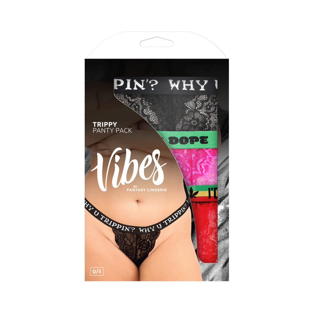 Fantasy Lingerie Vibes Trippy Vibes Pack 3-Piece Lace Thong Panty Set Black/Red/Pink Queen Size - Fantasies Boutique