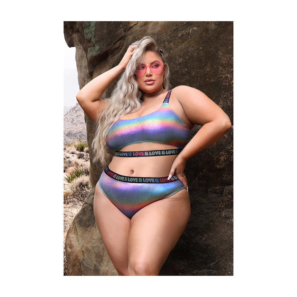 Fantasy Lingerie Vibes Love is Love Underboob Cutout Top & Cheeky Panty Rainbow Holo Queen Size - Fantasies Boutique