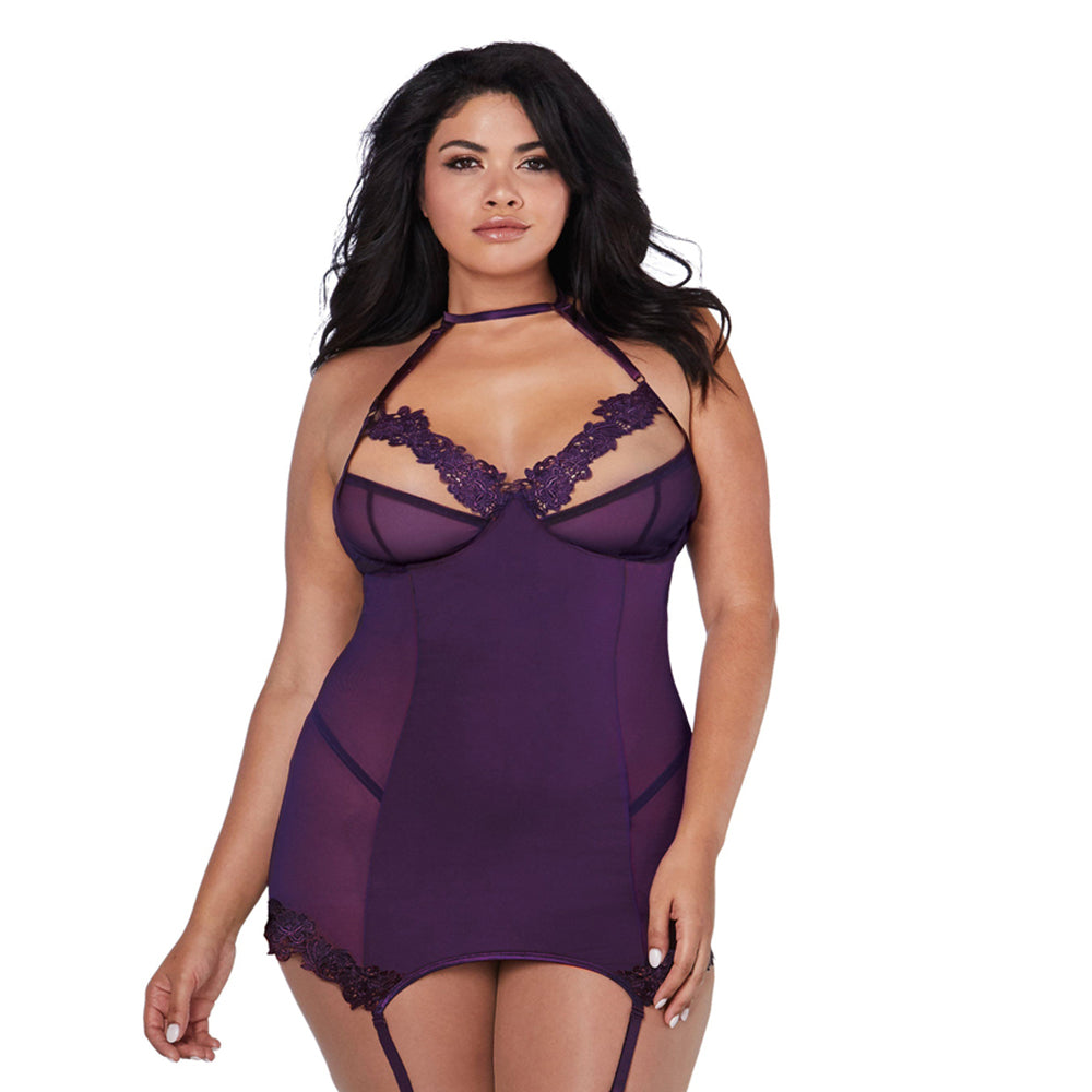 Dreamgirl Microfiber and Mesh Garter Slip With Underwire Shelf Bra Plum Queen - Fantasies Boutique