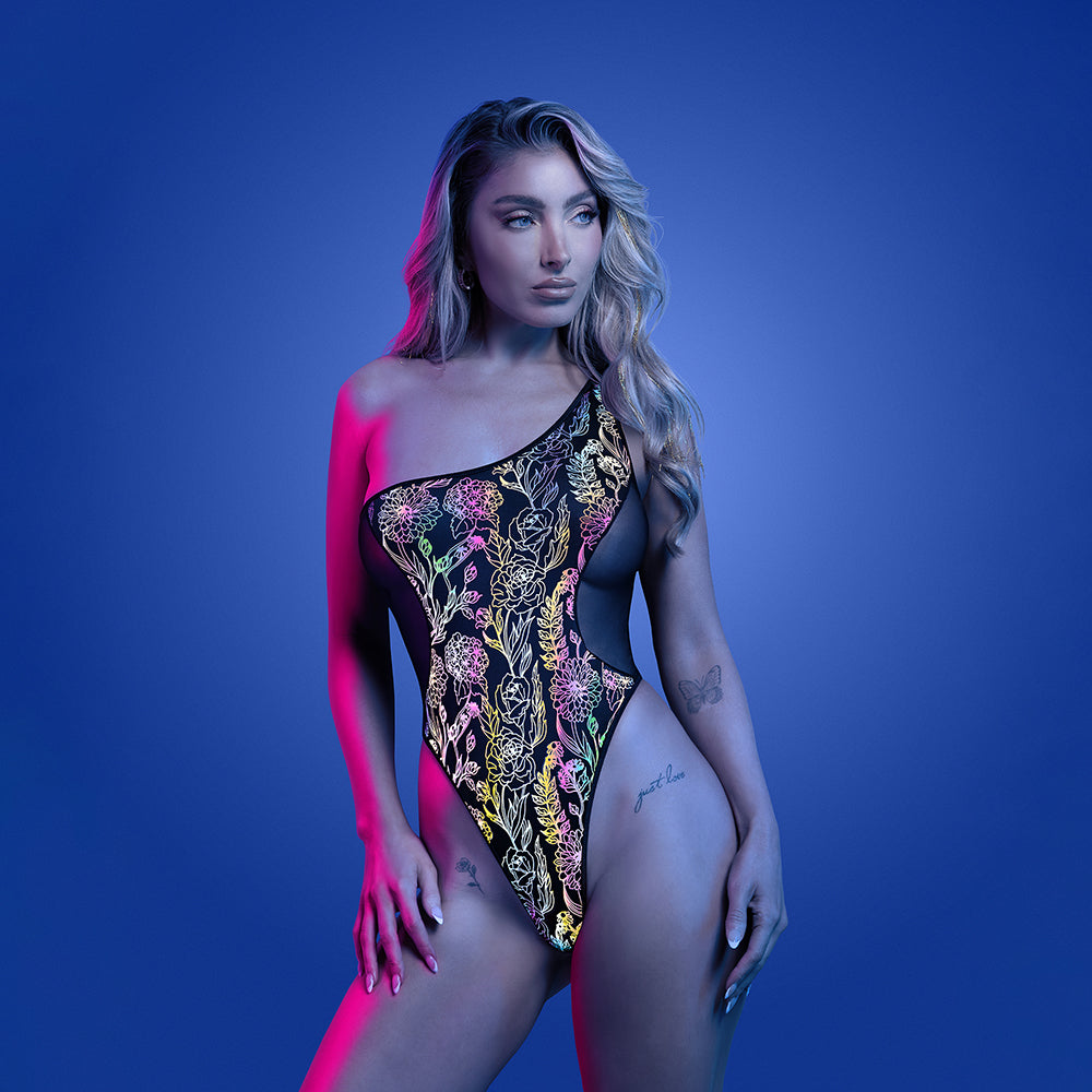 Fantasy Lingerie Glow Luminescent Floral Print One-Shoulder Teddy M/L