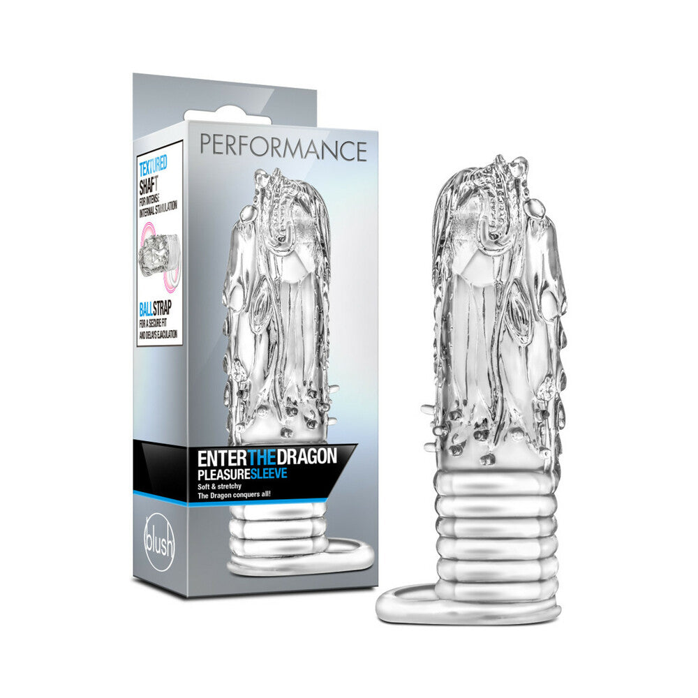 Blush Performance Enter The Dragon Textured Fantasy Pleasure Sleeve with Ball Strap Clear - Fantasies Boutique