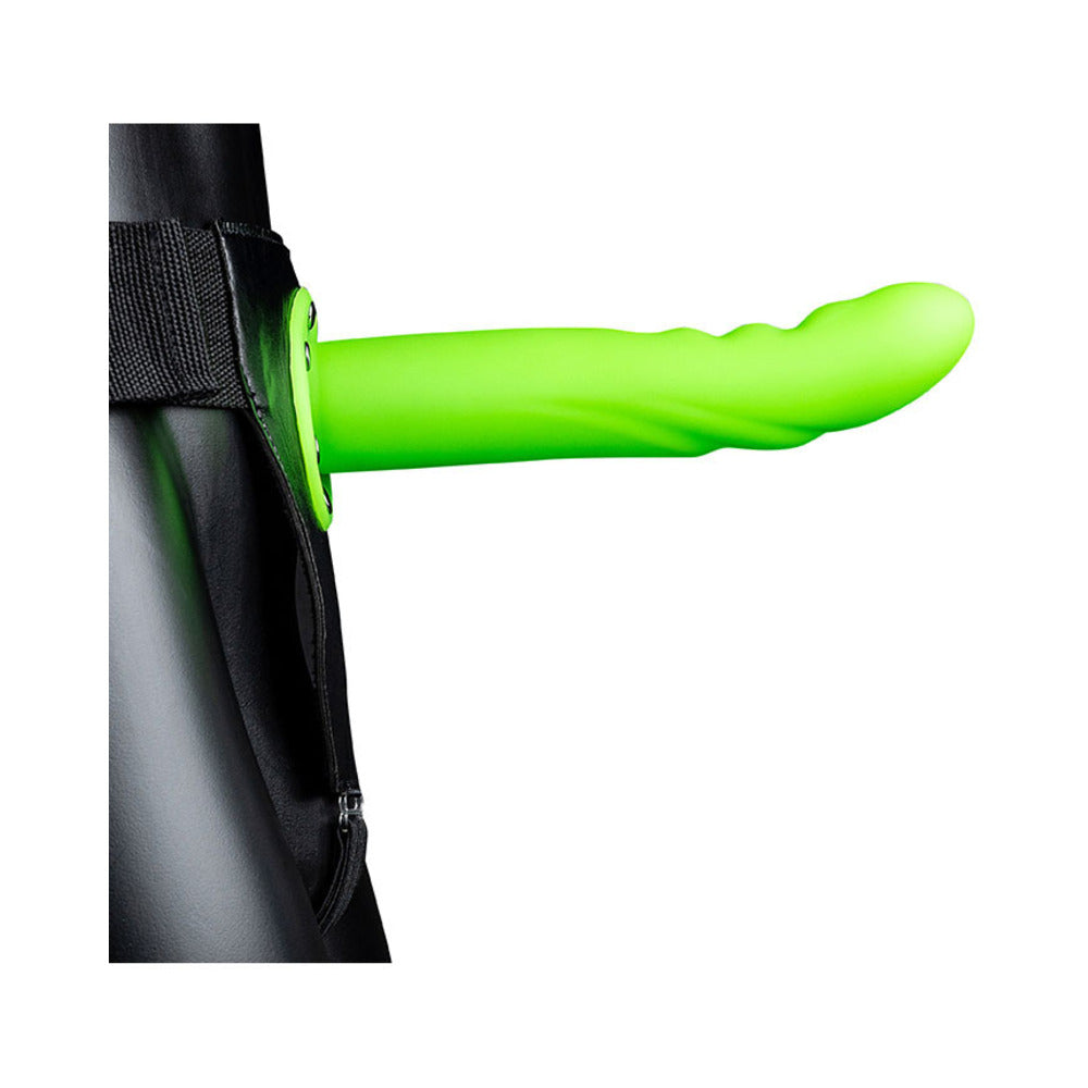 Ouch! Textured Curved 8 in. Glow in the Dark Hollow Strap-On Neon Green - Fantasies Boutique