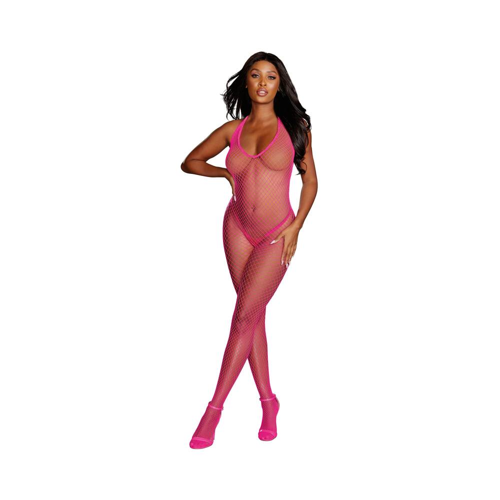 Dreamgirl Diamond-Net Halter Bodystocking With Open Crotch Neon Pink OS - Fantasies Boutique