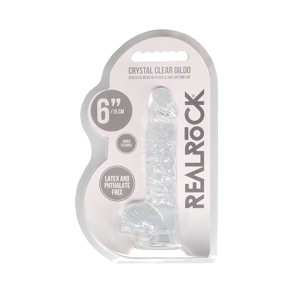 RealRock Crystal Clear Realistic 6 in. Dildo With Balls and Suction Cup Clear - Fantasies Boutique
