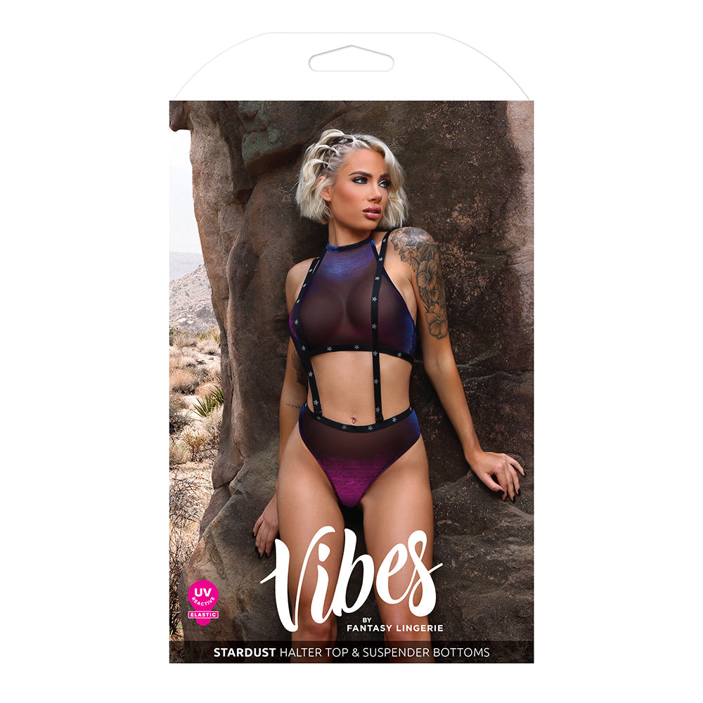Fantasy Lingerie Vibes Stardust Iridescent Halter Top & Suspender Bottom Indigo M/L - Fantasies Boutique