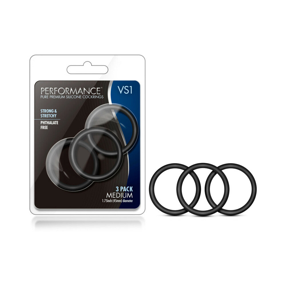Blush Performance VS1 Pure Premium Silicone Cockrings 3-Pack Medium Black - Fantasies Boutique