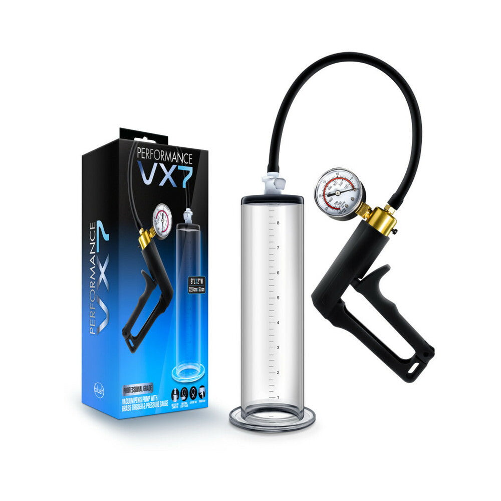 Blush Performance VX7 Vacuum Penis Pump with Brass Trigger & Pressure Gauge Clear - Fantasies Boutique
