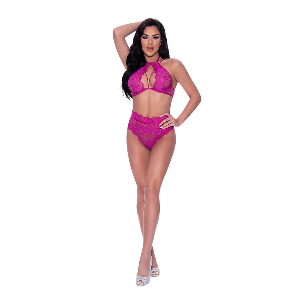 Magic Silk Berrylicious Halter & Lace Up Panty Set Raspberry L/XL - Fantasies Boutique