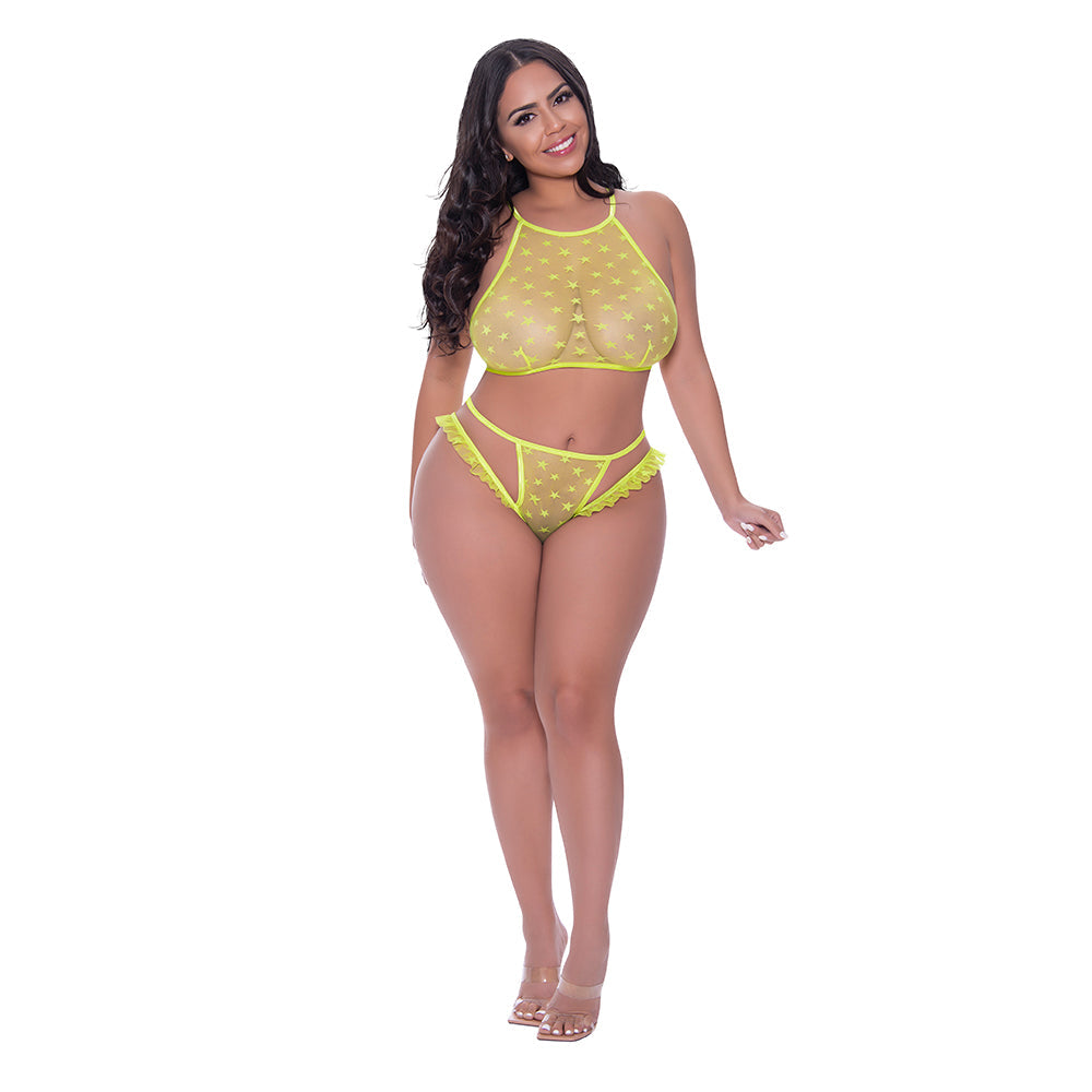 Magic Silk Love Star Halter Crop Bra & Cheeky Panty Set Neon Chartreuse Queen Size - Fantasies Boutique