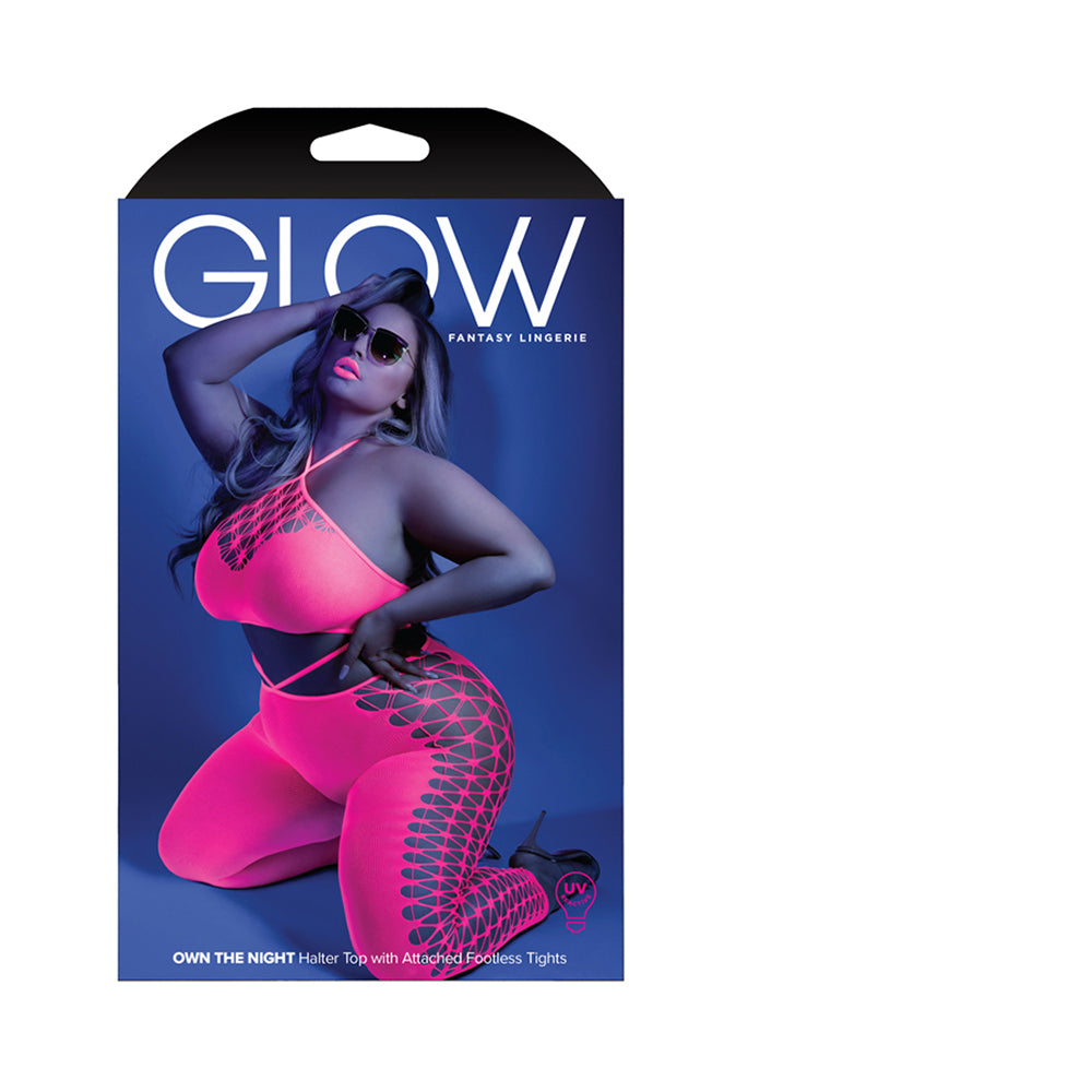 Fantasy Lingerie Glow Own The Night Cropped Cut-Out Halter Bodystocking Neon Pink Queen Size - Fantasies Boutique