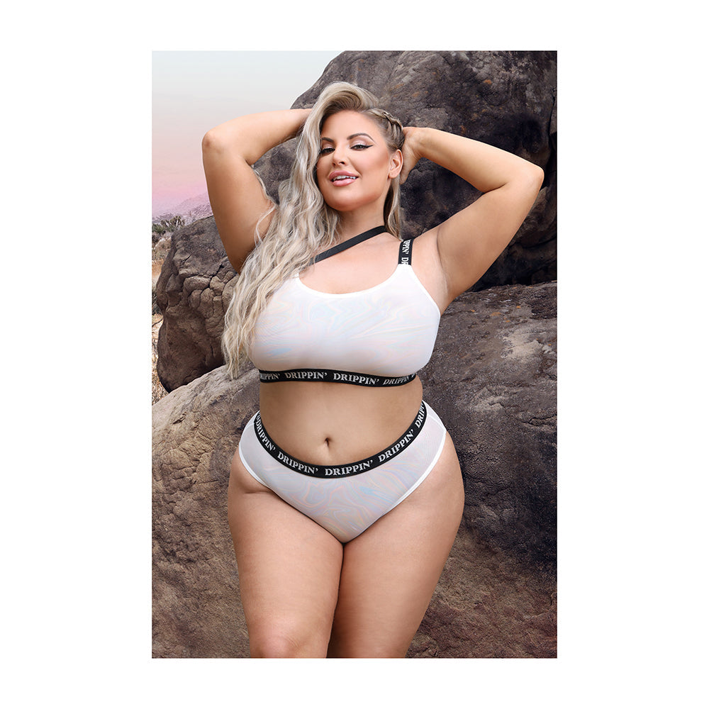 Fantasy Lingerie Vibes Drippin' Iridescent Strappy One-Shoulder Top & Panty Pearl White Queen - Fantasies Boutique