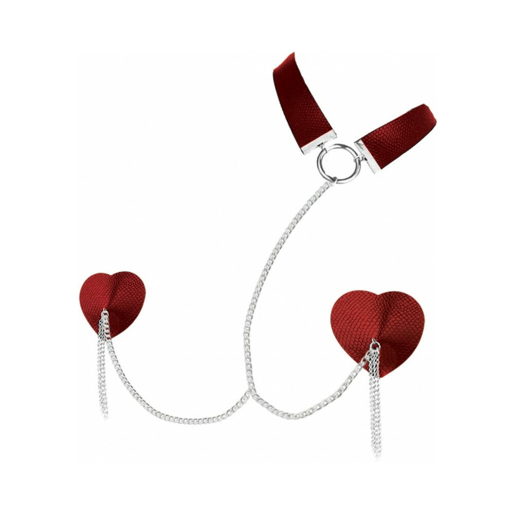 Nipplicious Dominatrix Leather Collar & Pasties With Chain Red - Fantasies Boutique