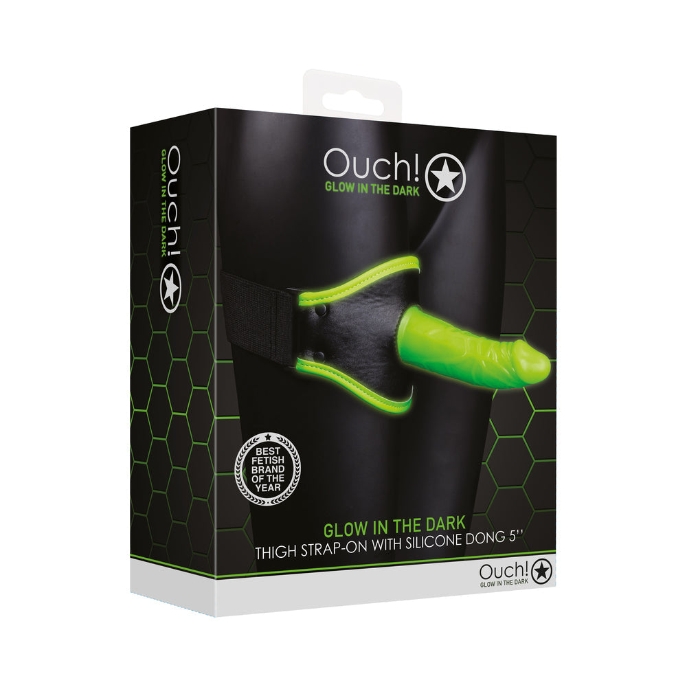 Ouch! Glow in the Dark Thigh Strap-On Harness With 5 in. Silicone Dildo Neon Green - Fantasies Boutique