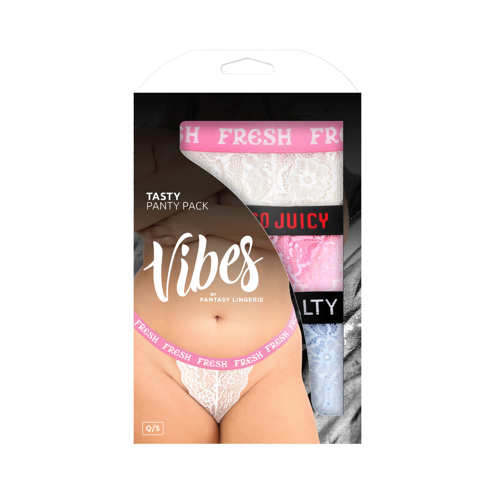 Fantasy Lingerie Vibes Tasty Vibes Pack 3-Piece Lace Thong Panty Set Blue/Pink/White Queen Size - Fantasies Boutique
