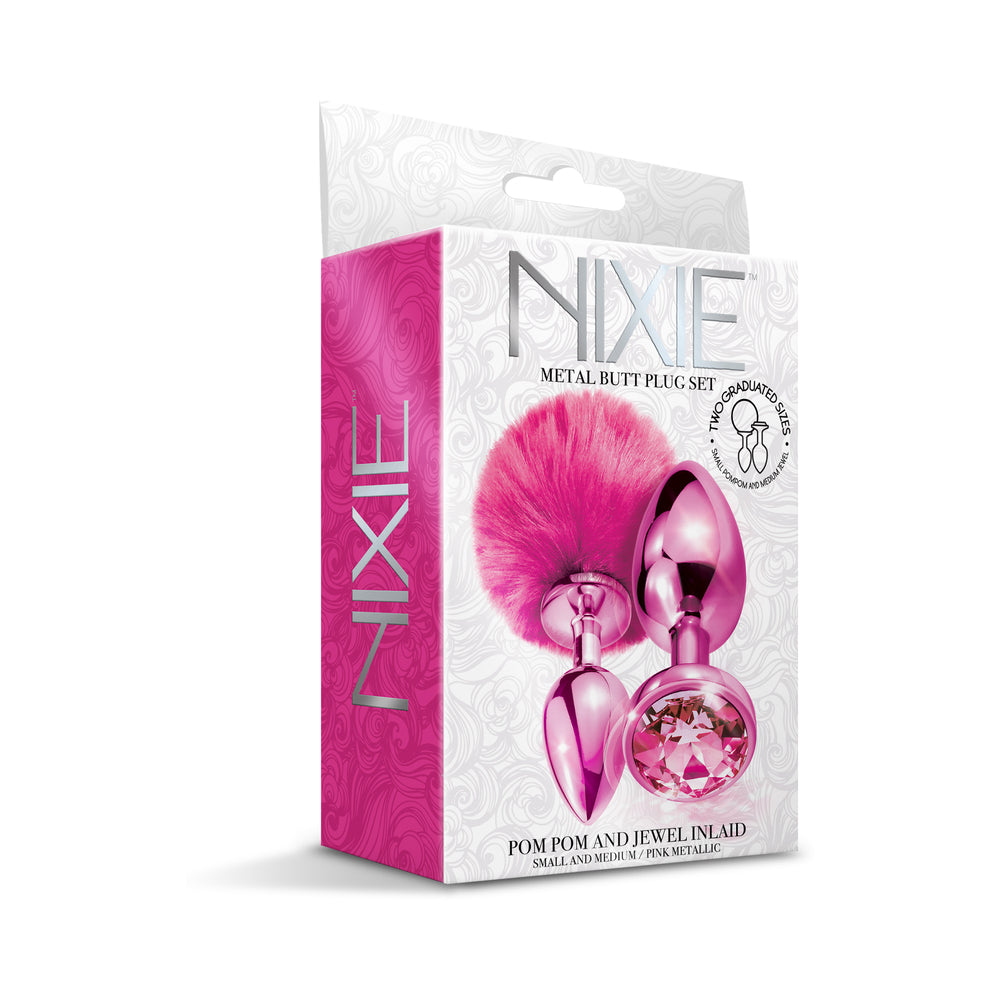 NIXIE Metal Butt Plug Set Pom Pom and Jewel-Inlaid Metallic Pink - Fantasies Boutique