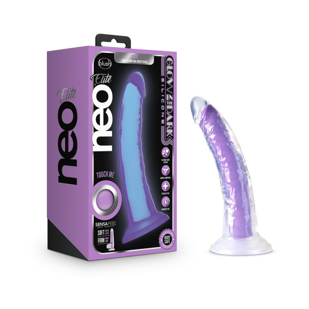 Neo Elite Glow in the Dark Light 7 in. Silicone Dual-Density Dildo Neon Purple - Fantasies Boutique