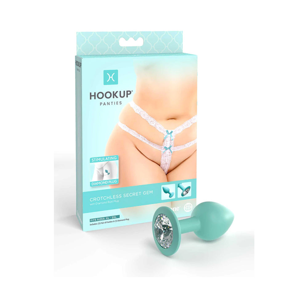 Hookup Panties Crotchless Secret Gem With Diamond Silicone Anal Plug White/Aqua XL-XXL - Fantasies Boutique
