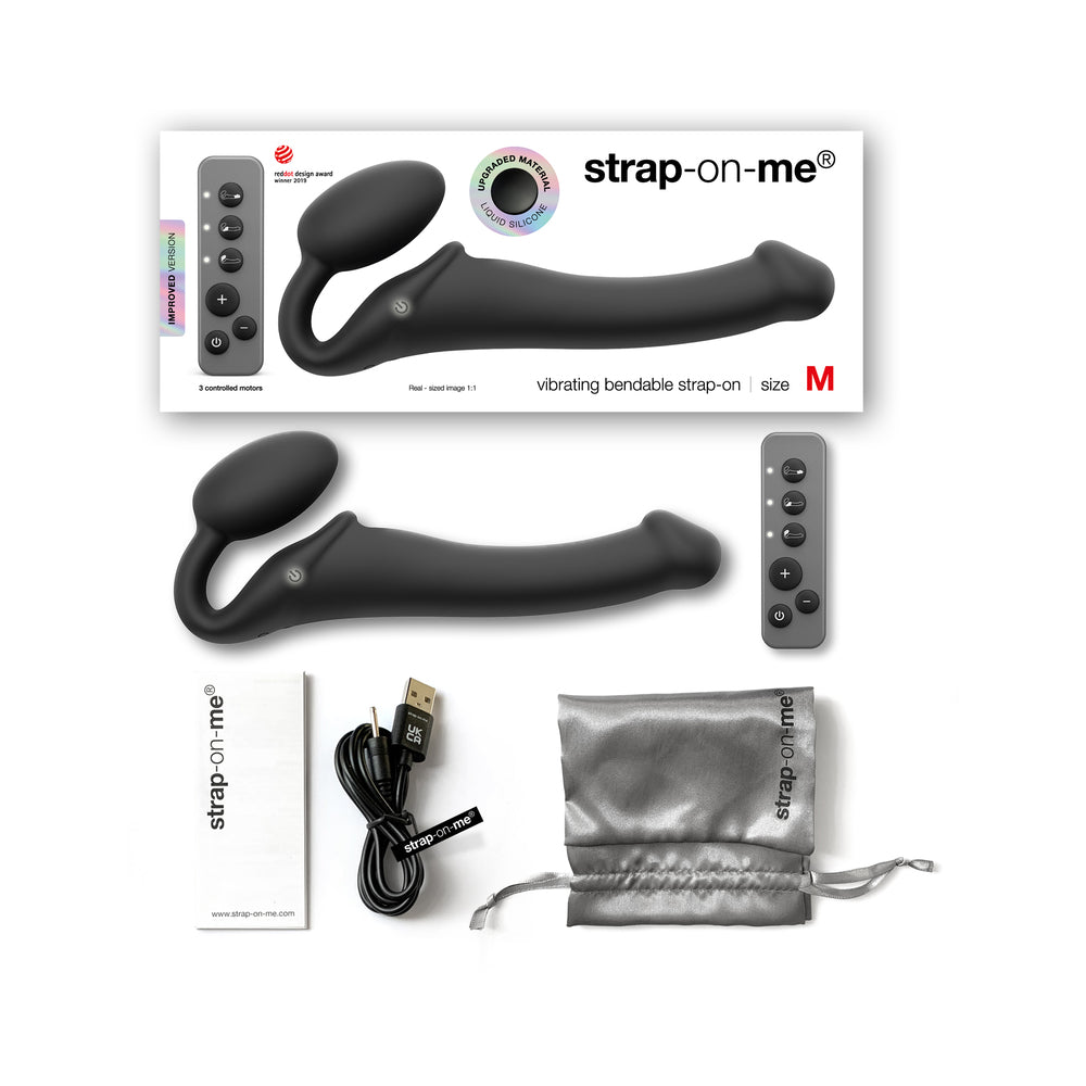 Strap-On-Me Rechargeable Remote-Controlled Silicone Vibrating Bendable Strap-On Black M - Fantasies Boutique
