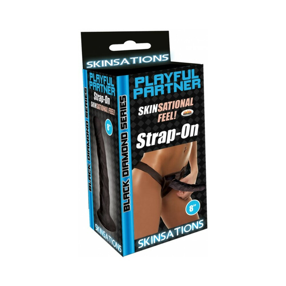 Skinsations Black Diamond Series Playful Partner Strap On Dildo With Harness 8in - Fantasies Boutique