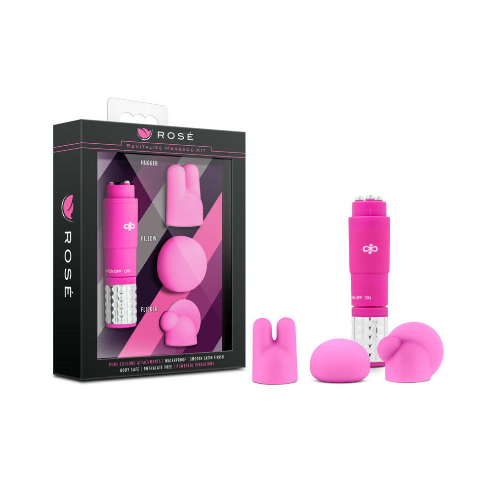 Rose Revitalize Massage Kit with Mini Vibrator & 3 Silicone Attachments Pink - Fantasies Boutique