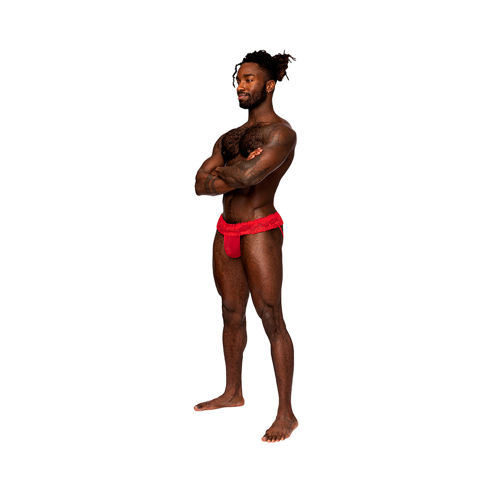 Male Power Sassy Lace Skirt Jock Red L/XL - Fantasies Boutique