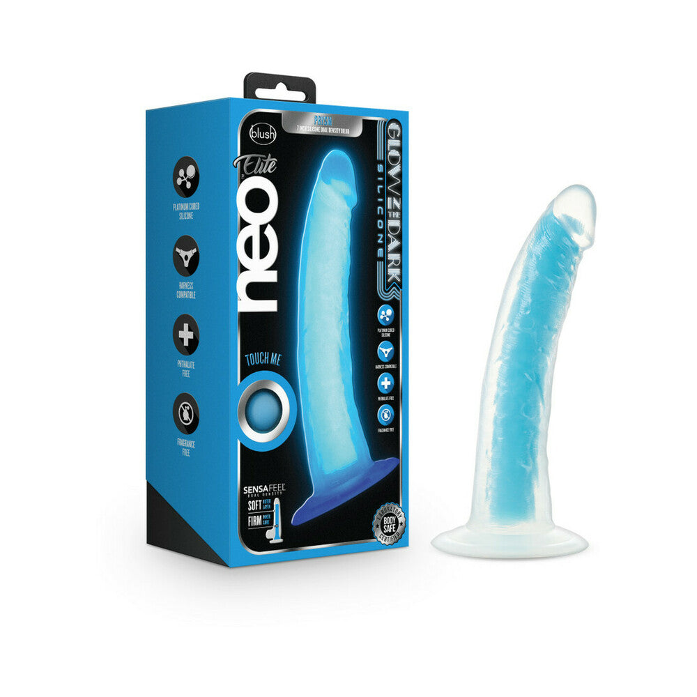 Blush Neo Elite Glow in the Dark Prysm 7 in. Silicone Dual Density Dildo with Suction Cup Neon Blue - Fantasies Boutique