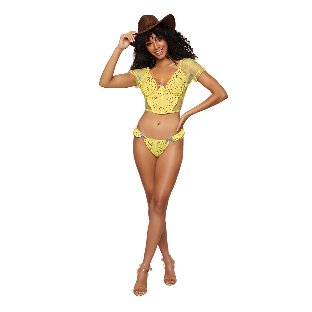 Dreamgirl Embroidered Eyelet Band and Stretch Fishnet Bustier and G-string Set Citrus XL - Fantasies Boutique