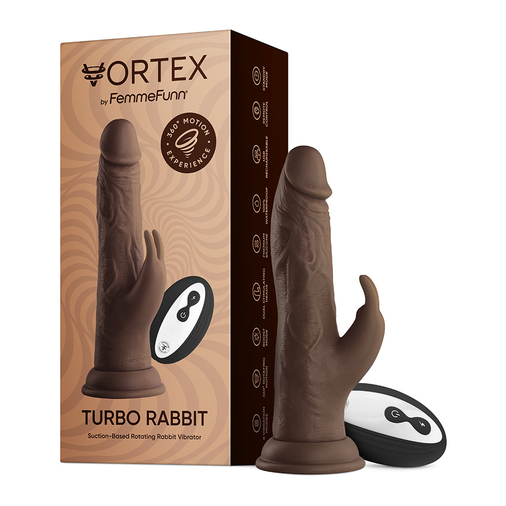 FemmeFunn Vortex Turbo Rabbit 2.0 8 in. Dual Stimulation Vibrating Dildo Brown - Fantasies Boutique