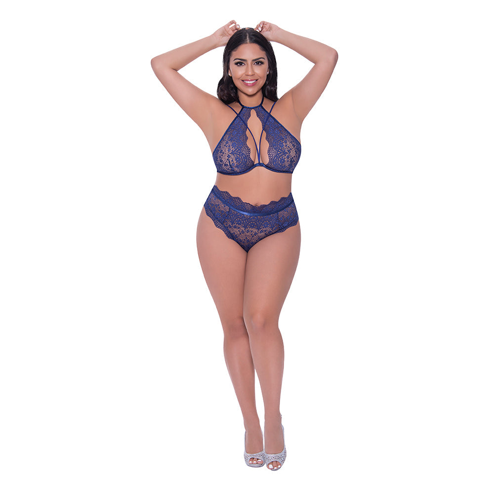 Magic Silk Berrylicious Halter & Lace Up Panty Set Blueberry Queen Size - Fantasies Boutique