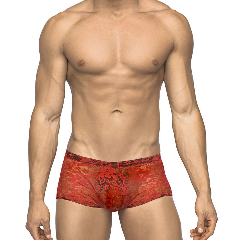 Male Power Stretch Lace Mini Short Red Small - Fantasies Boutique
