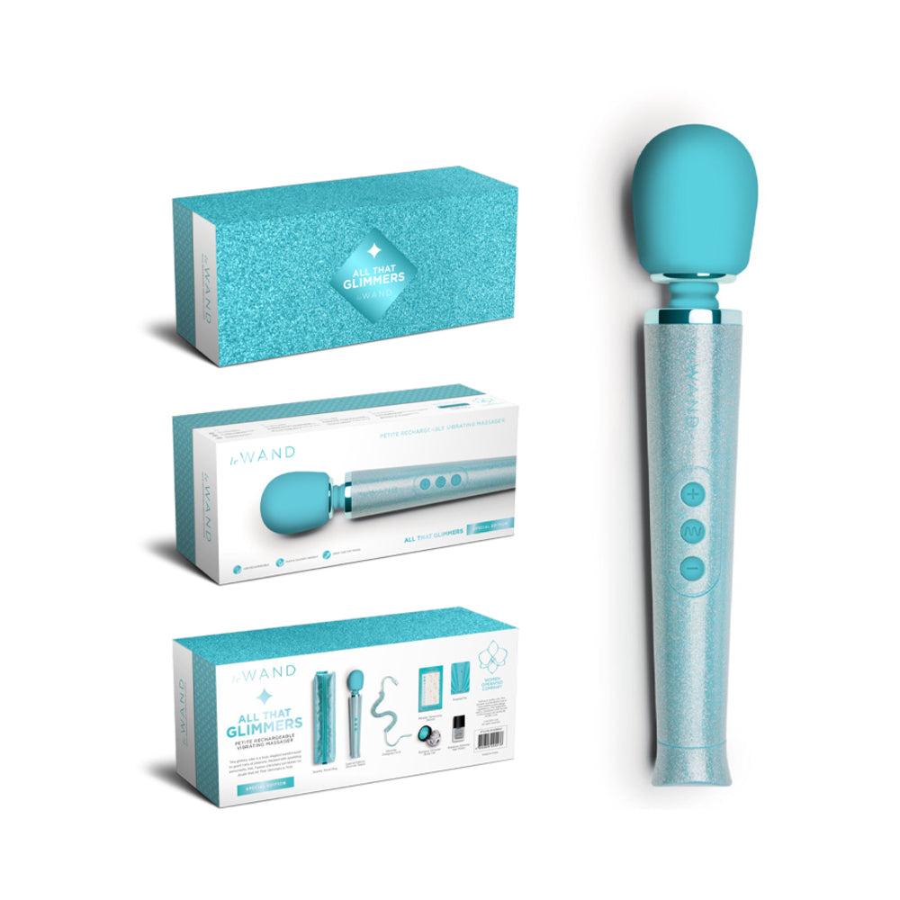 Le Wand All That Glimmers Petite Rechargeable Vibrating Massager Special Edition Set Light Blue - Fantasies Boutique