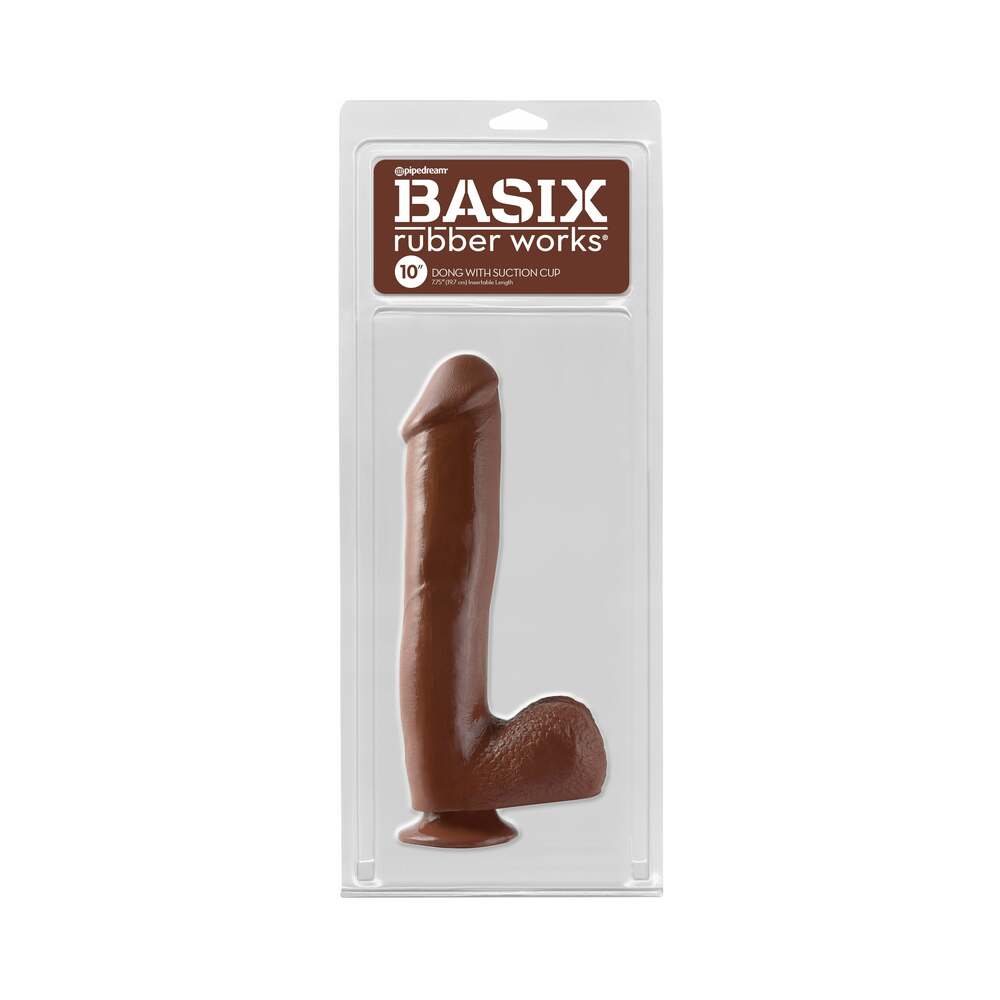 Basix Rubber Works 10 in. Dong With Balls & Suction Cup Brown - Fantasies Boutique