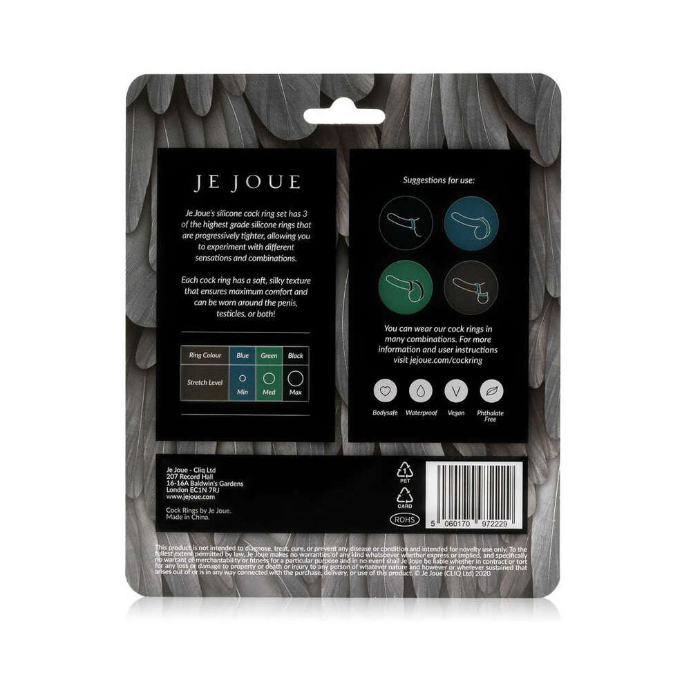 Je Joue Silicone Cock Ring 3-Piece Set Black/Green/Blue - Fantasies Boutique