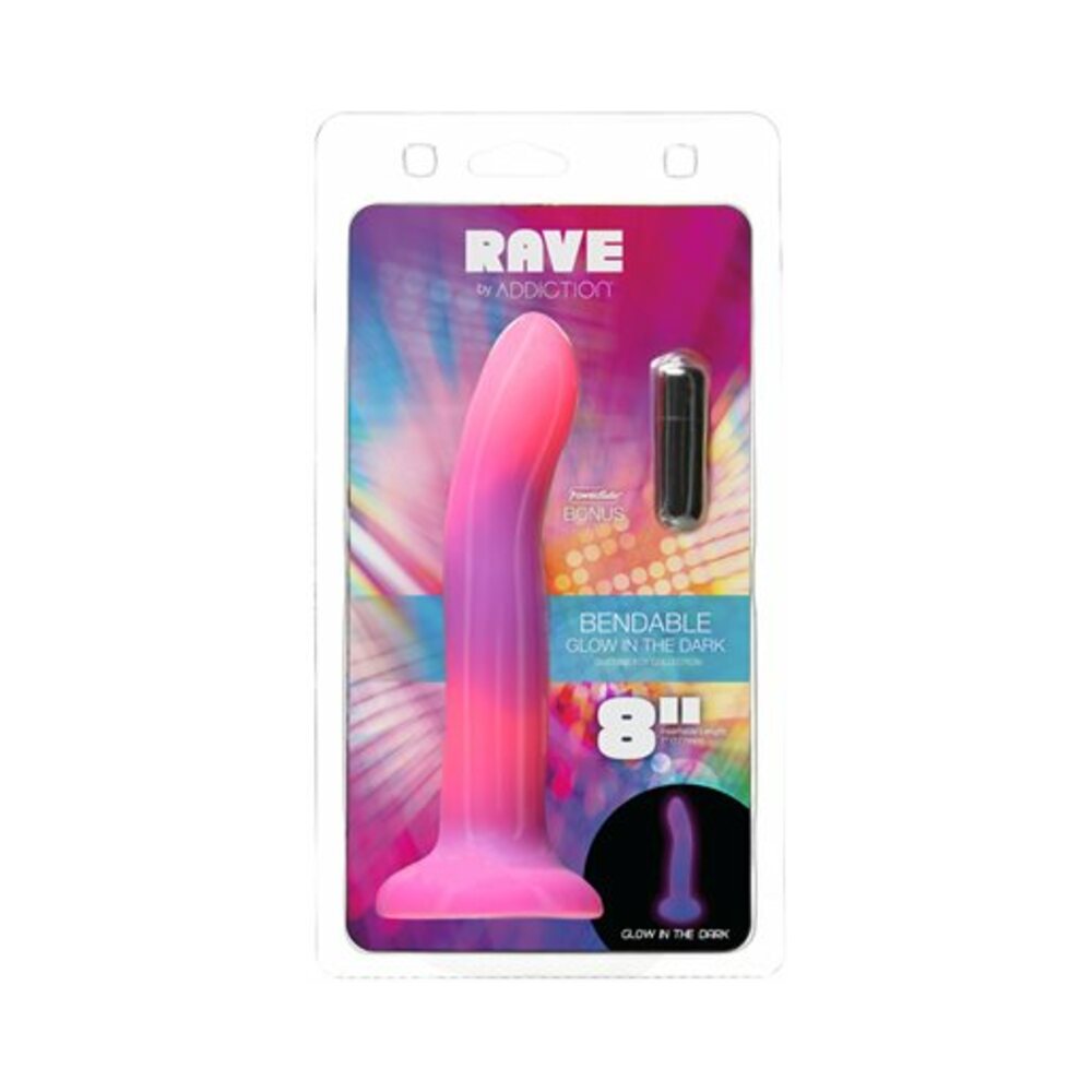 Addiction Rave Bendable 8 in. Silicone Dildo Glow in the Dark Pink Purple - Fantasies Boutique