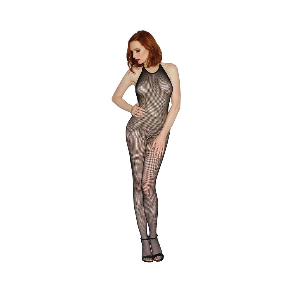 Dreamgirl Seamless Fishnet Bodystocking with Halter Neck, Open Crotch and Low Back Black OS - Fantasies Boutique