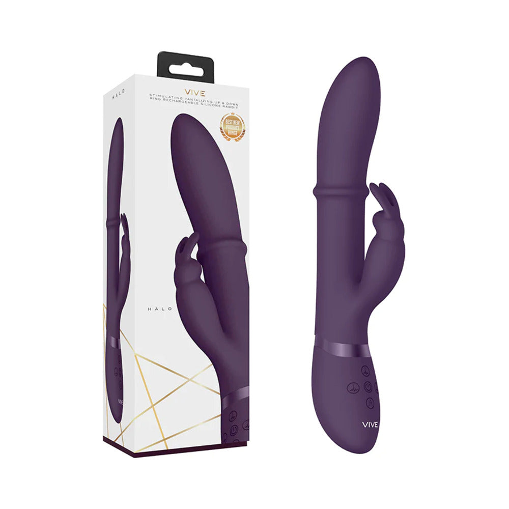 VIVE HALO Rechargeable Stimulating Ring Silicone Rabbit Vibrator Purple - Fantasies Boutique
