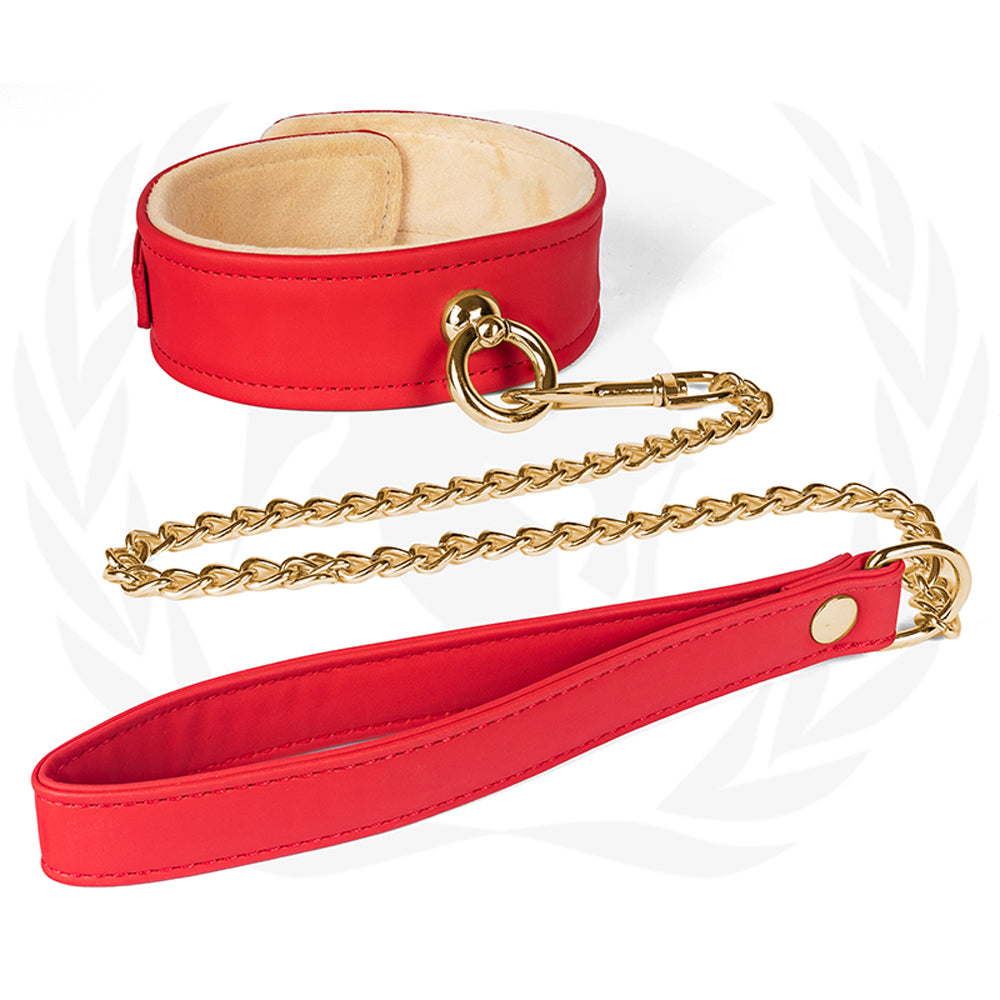 Spartacus Plush Lined PU Red Collar And Chain Leash - Fantasies Boutique