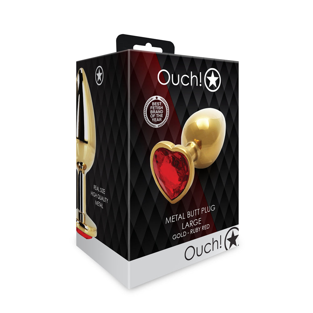 Shots Ouch! Heart Gem Butt Plug Large Gold/Ruby Red - Fantasies Boutique