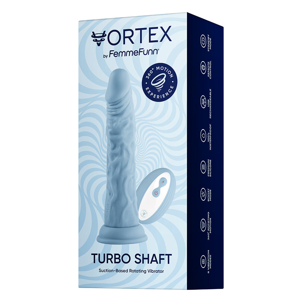 FemmeFunn Vortex Turbo Shaft 2.0 8 in. Silicone Vibrating Rotating Dildo Light Blue - Fantasies Boutique