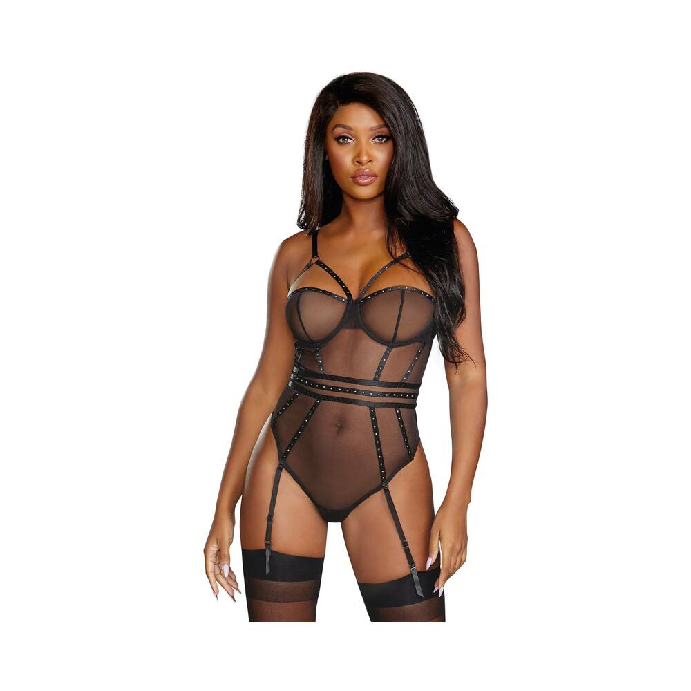 Sheer Stretch Mesh Snap Crotch Teddy With Removable Garters Black Medium Hanging - Fantasies Boutique