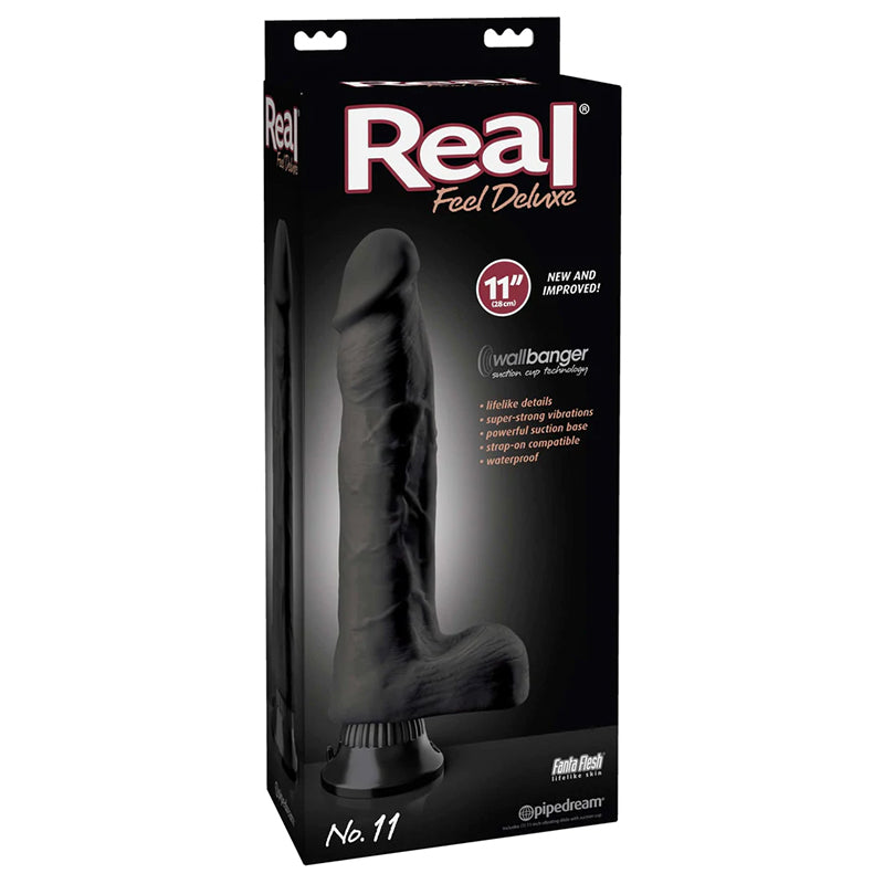 Real Feel Deluxe No. 11 Realistic 11 in. Vibrating Dildo With Balls and Suction Cup Black - Fantasies Boutique