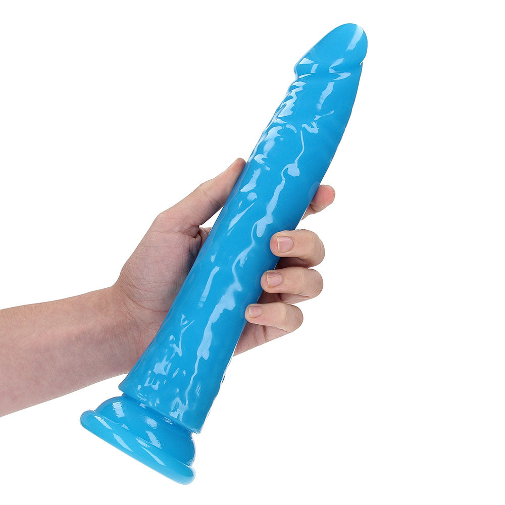 RealRock Glow in the Dark Slim 11 in. Dildo Neon Blue - Fantasies Boutique