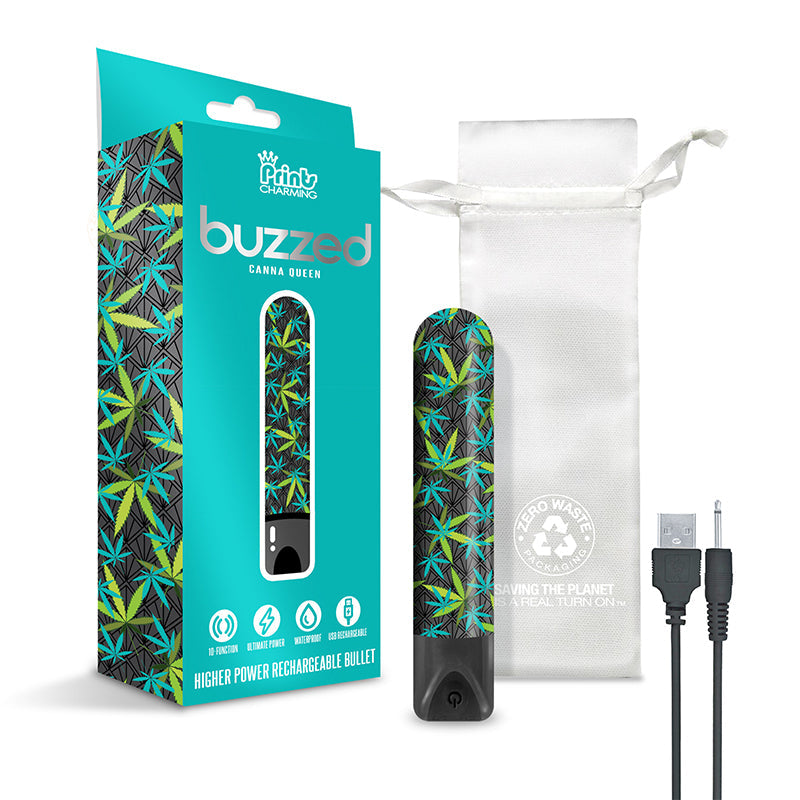 Prints Charming Buzzed Rechargeable 3.5" Bullet - Canna Queen - Black - Fantasies Boutique