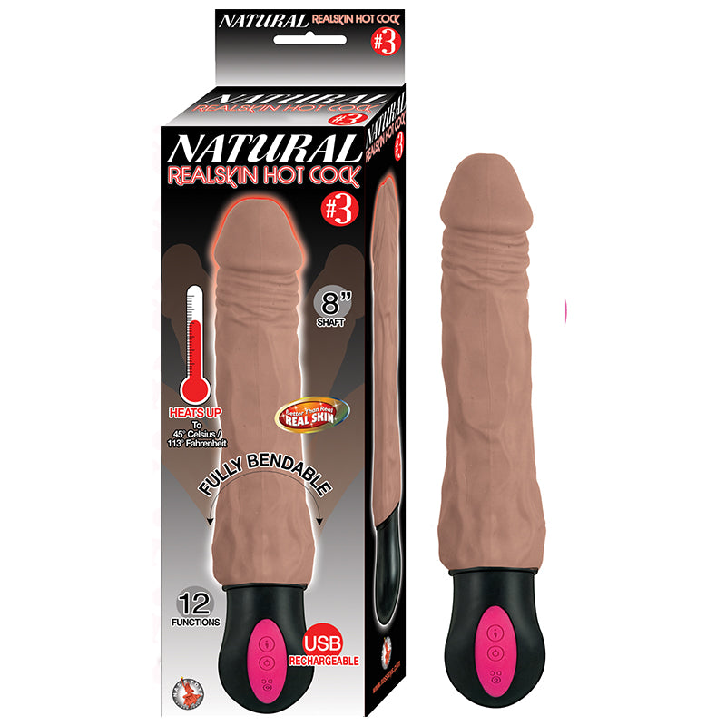 Natural Realskin Hot Cock #3 Fully Bendable 12 Function USB Cord Included Waterproof Brown - Fantasies Boutique
